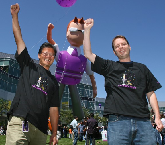Yahoo! Inc. co-founders Jerry Yang, left, and David Filo celebrate the launch of the new Yahoo! Mail, Monday, August 27, 2007, in front of a ballon featuring the new email character LIAM, mail spelled backwards, at a company event in Sunnyvale, Calif. With the rollout starting today, the new Yahoo! Mail is the biggest overhaul of the popular Web mail service in ten years, and will now feature a new interface, integrated instant messaging and text messaging to mobile phones in the US, Canada, India and the Philippines. (Photo for Yahoo! by Court Mast)